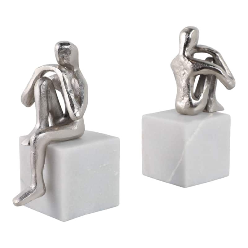 Modern Sitting Figurines with Leg Up Bookends on Marble Base - Set of 2 - 7.25"