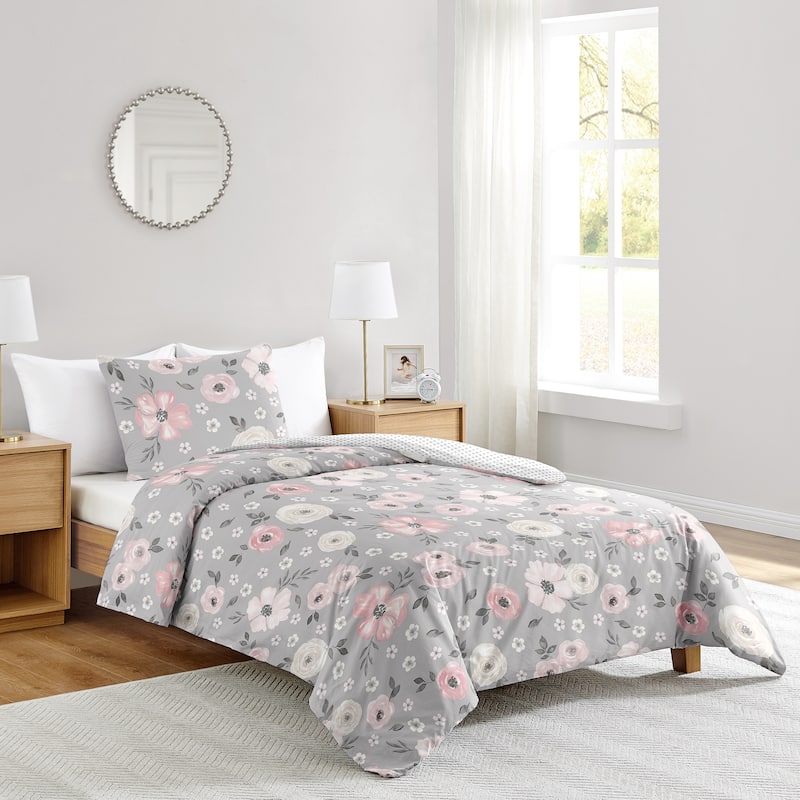 Grey Watercolor Floral Girl 2pc Twin-size Comforter Set - Blush Pink Gray White Shabby Chic Rose Flower Polka Dot Farmhouse