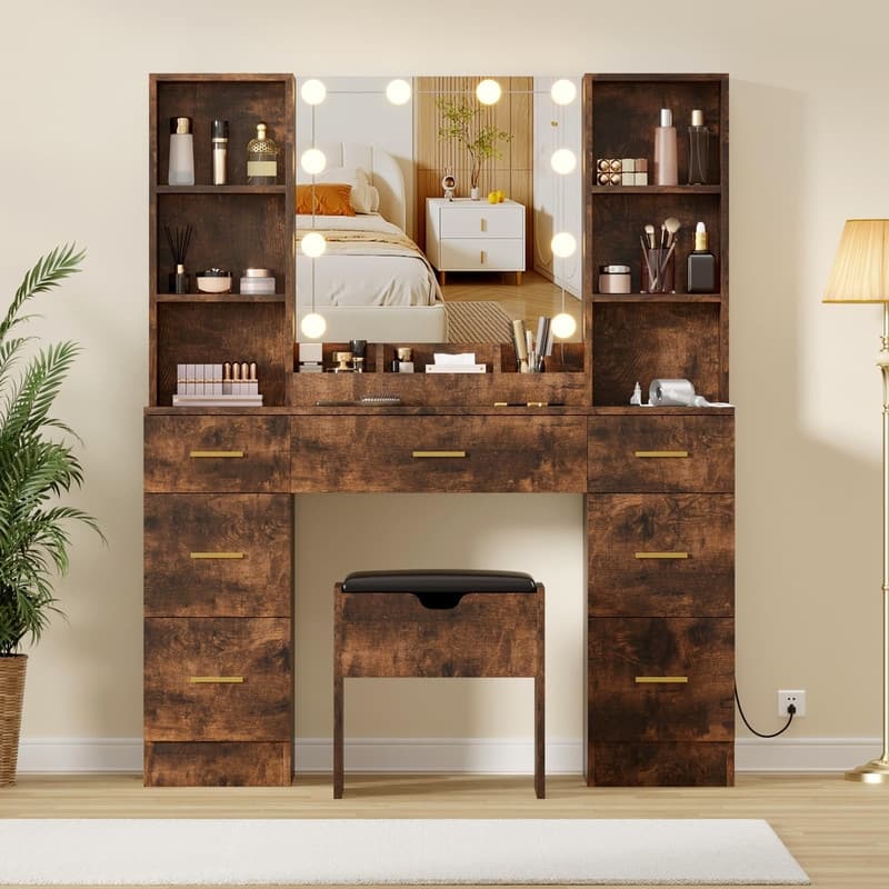 56" Farmhouse Makeup Vanity Set with Lighted Mirror, Charging Station, 7 Drawers