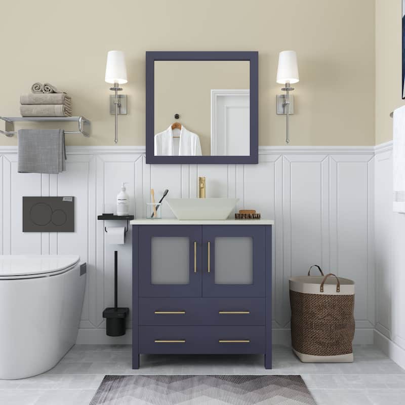 Vanity Art 30-inch Single Sink Bathroom Vanity Set With Engineered Marble Top and Free Mirror - 30 x 18.5 x 36 Inches - Blue