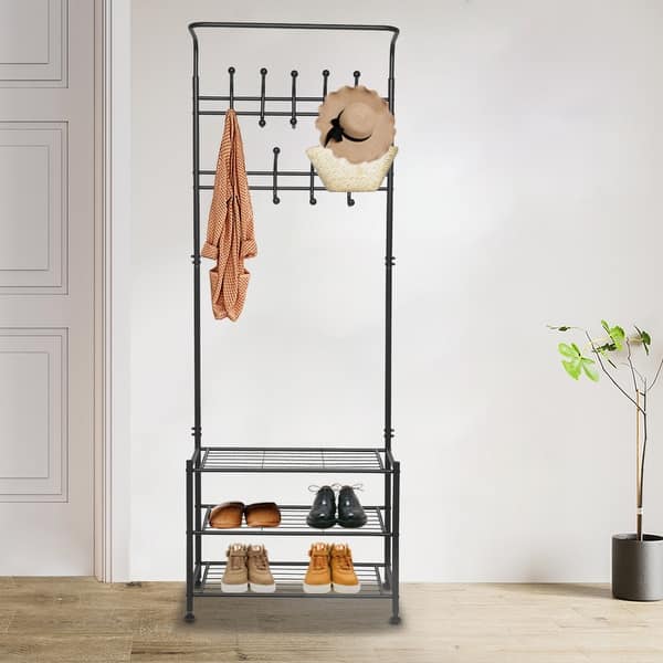 Hall Tree Metal Entryway 18 Hooks Coat Rack With 3 Tier Shoe Rack Hallway Organiser Overstock 31508910