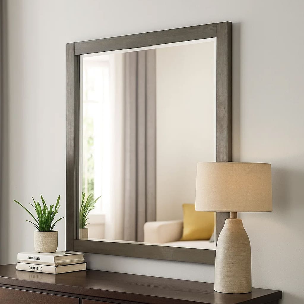 Contemporary Wooden Frame Dresser Mirror with Natural Grain Details, Gray