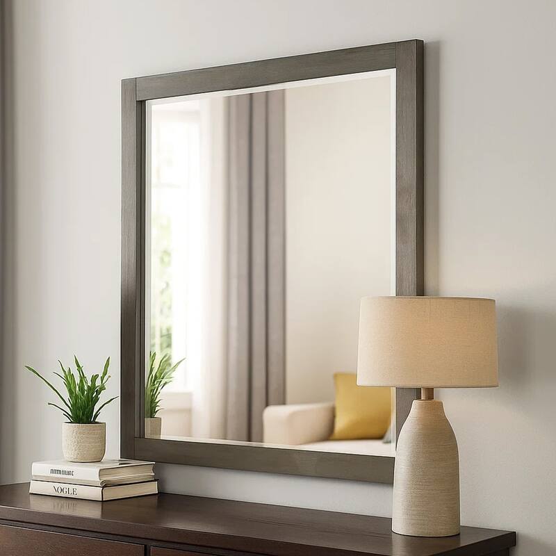 Contemporary Wooden Frame Dresser Mirror with Natural Grain Details, Gray