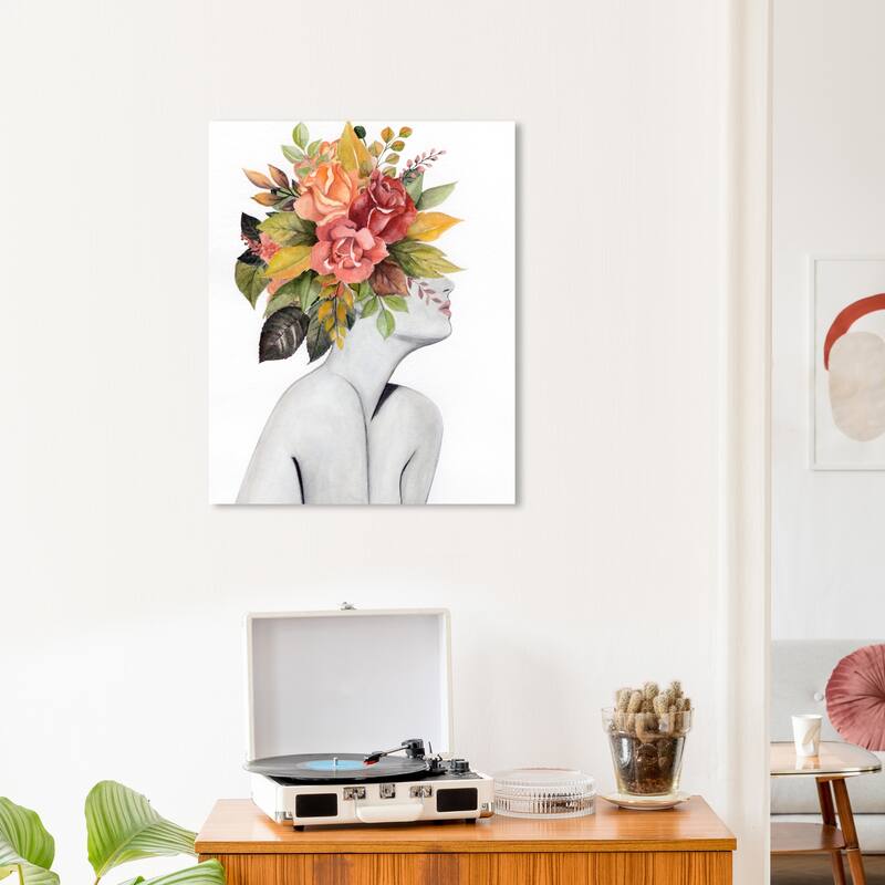 Wynwood Studio Fashion and Glam Autumn Leaf Headress Green and Peach Modern & Contemporary Wall Art Canvas Print - 24 x 20