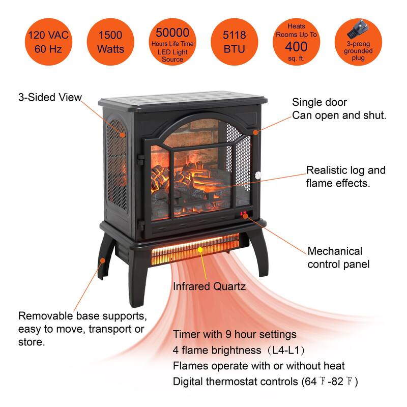 18-Inch 3D Flame Electric Infrared Quartz Fireplace Stove with Remote Control and 1500W Heat