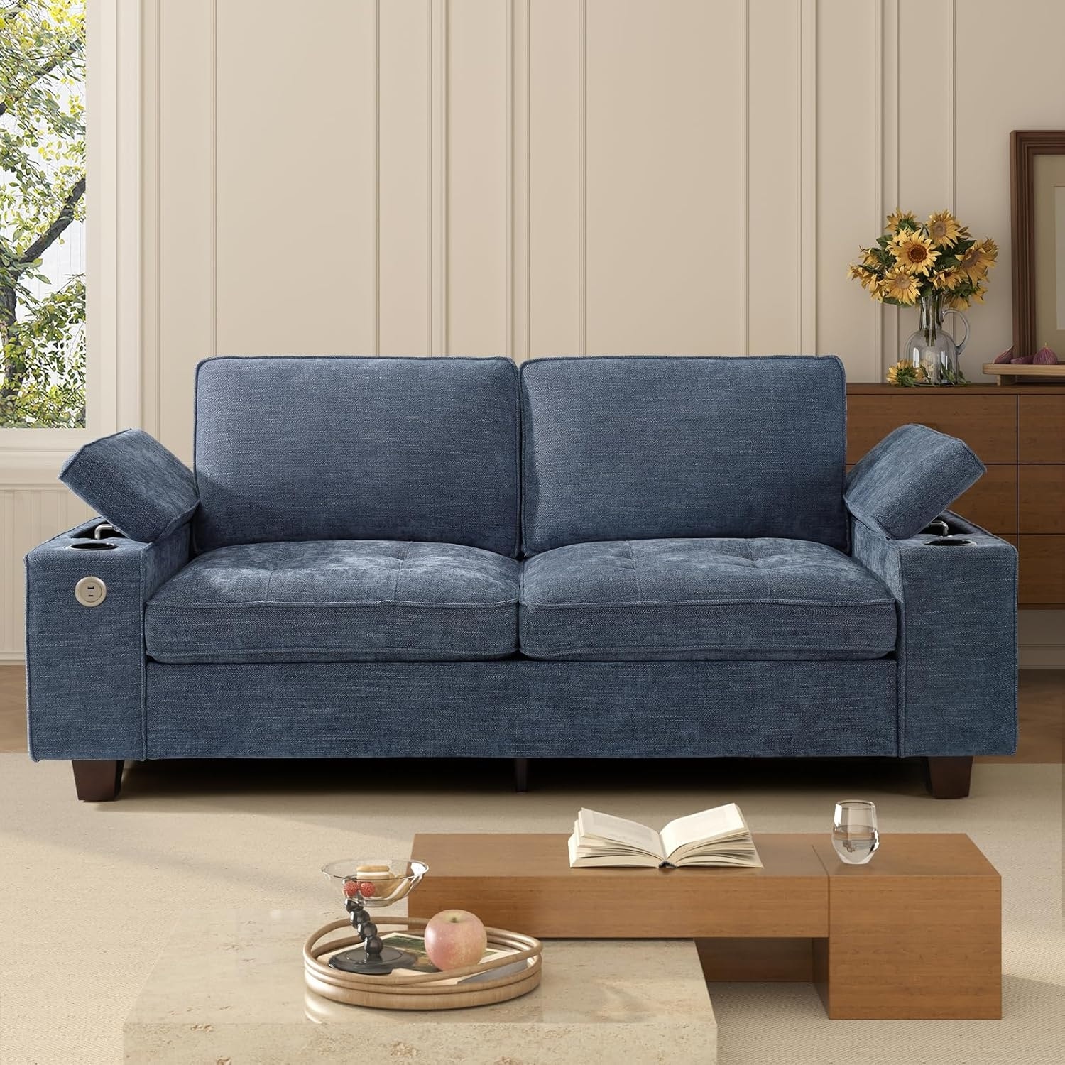 Modern 2-Seater Loveseat with Storage Armrest, Cup Holders, USB & Type-C Ports (Blue)