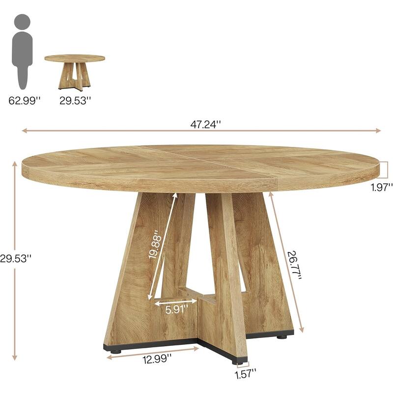 47" Round Dining Table for 4-6 People Rustic Wood Table with Pedestal Base for Kitchen Dining Room Living Room
