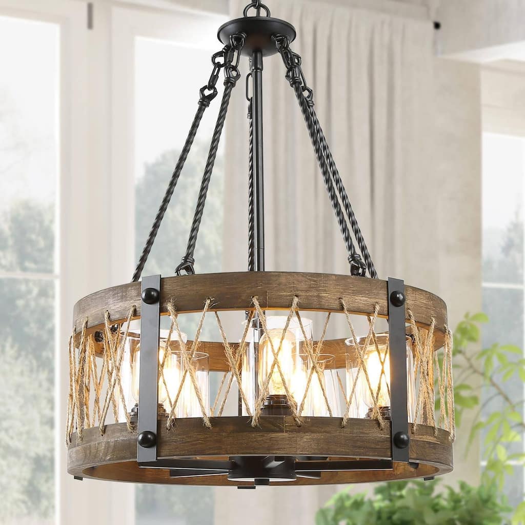 Farmhouse 5-Light Wood Drum Rustic Chandelier for Dining Living Room - D19"x H 27"