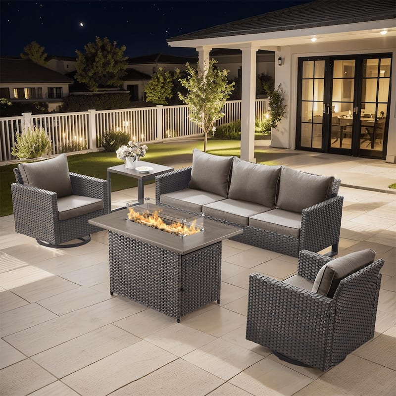 Outdoor Fire Pit Table with Patio Funiture - Brwon Wicker Grey Cushion - 5PCS Sofa Swivel Chair w/ Fire Table