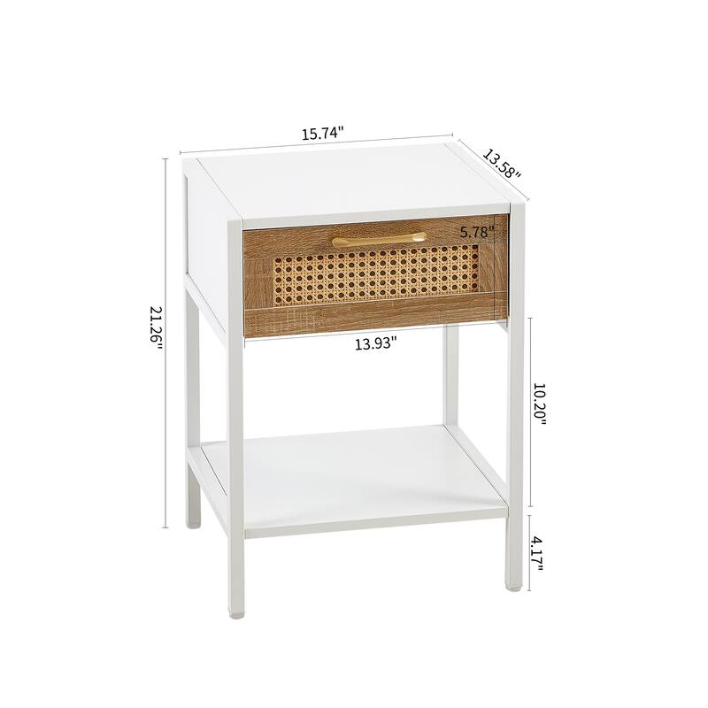 Rattan Nightstand, 15" End Table with Drawers, Modern Bedroom Nightstand Metal Legs, Display Cabinets Living Room, Natural