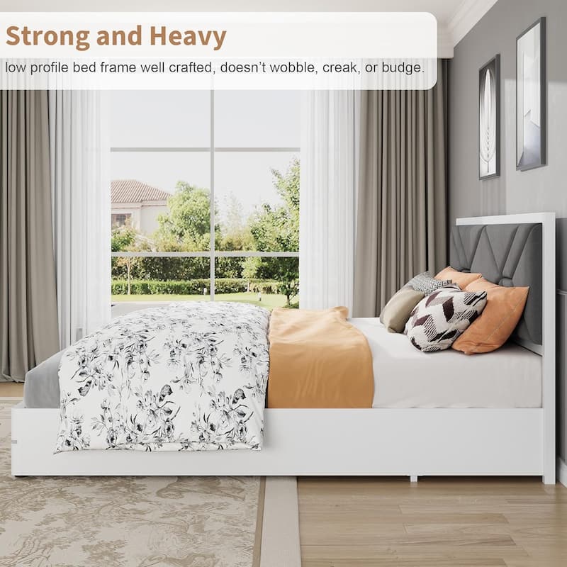 Wooden Bed Frame with Fabric Upholstered Headboard