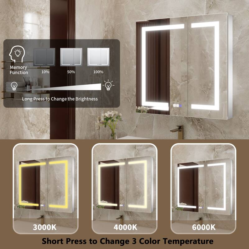 ExBrite 30" x 30" LED Lighted Bathroom Medicine Cabinet with Mirror,Recessed or Surface Mount,Defog - 30" x 30"