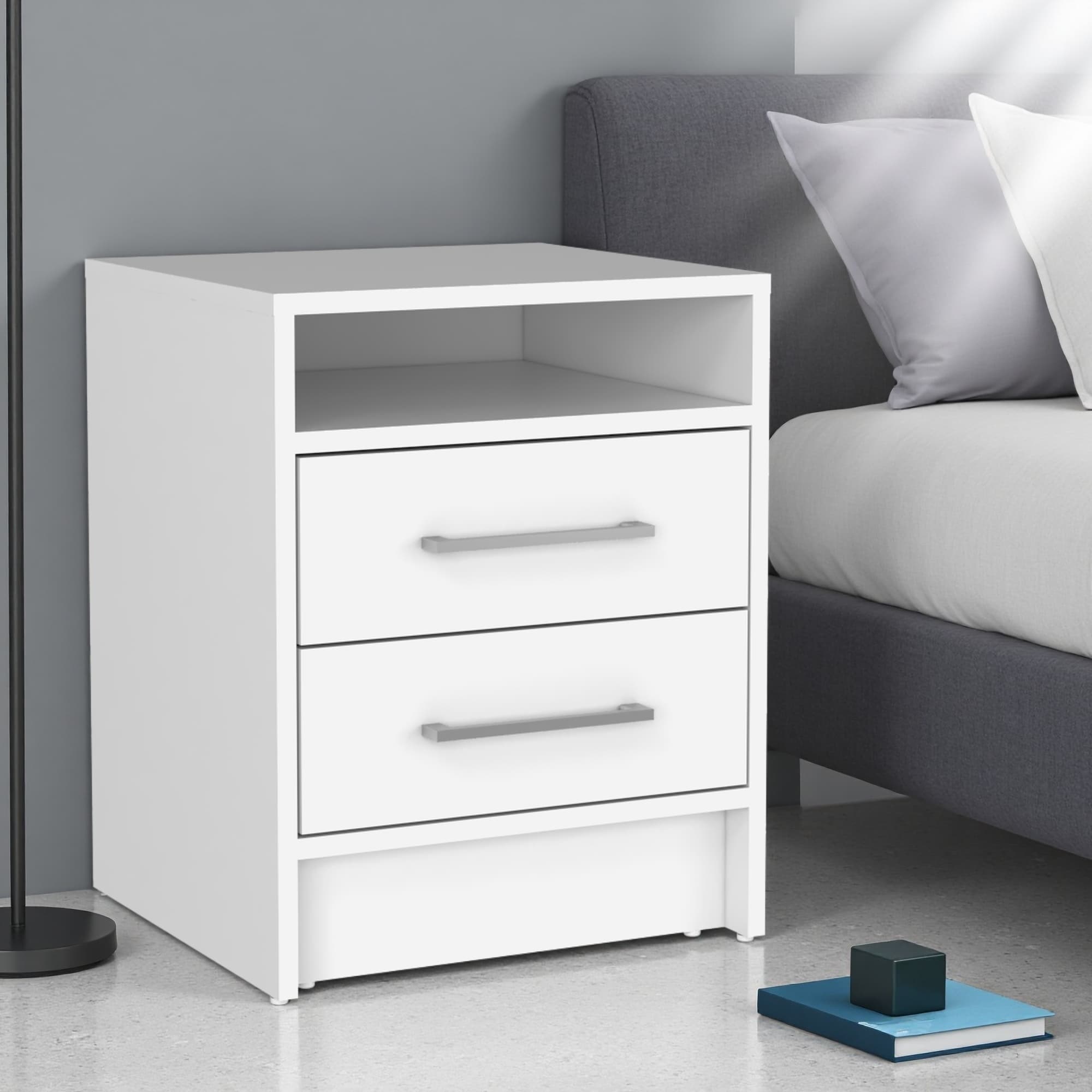 17.7"L Modern Nightstand, 2 Drawers & Open Shelf Storage, Compact Side Table with Scratch-Resistant Top & Versatile Use