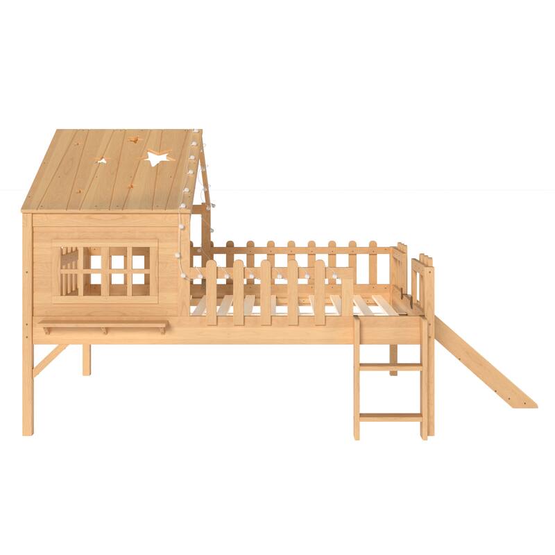 Full Size House Loft Bed with Slide,Playhouse Bed with Star Moon-shaped Designs and Window, Chic Design with LED Lights