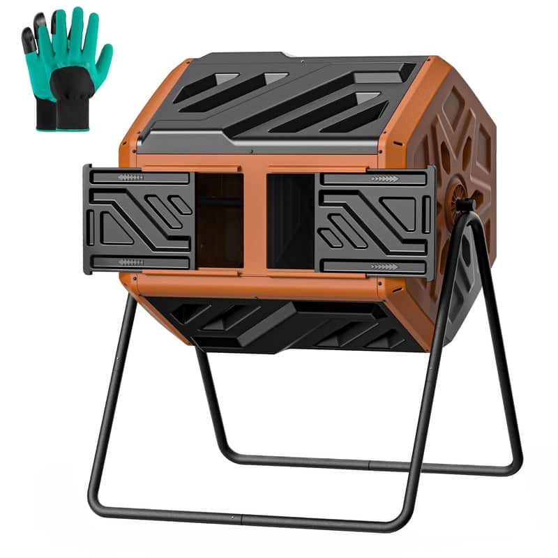 43-Gallon Dual Chamber Compost Tumbler - Outdoor Rotating Bin Orange - Plastic