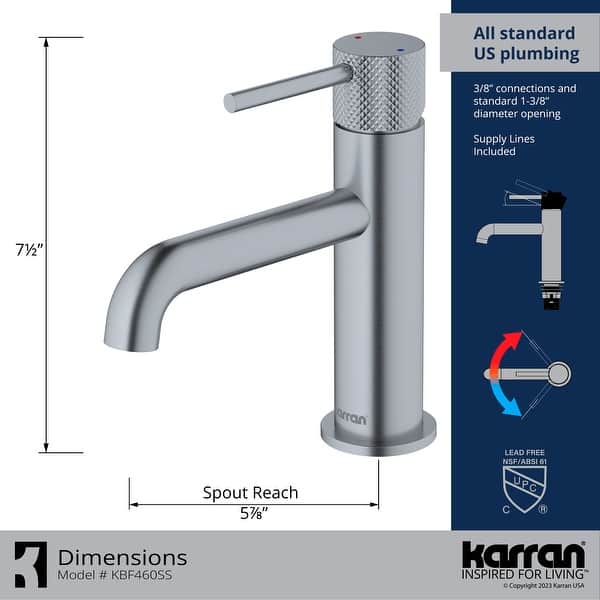 dimension image slide 0 of 3, Karran Tryst KBF460 Single-Handle Single Hole Basin Bathroom Faucet with Matching Pop-up Drain