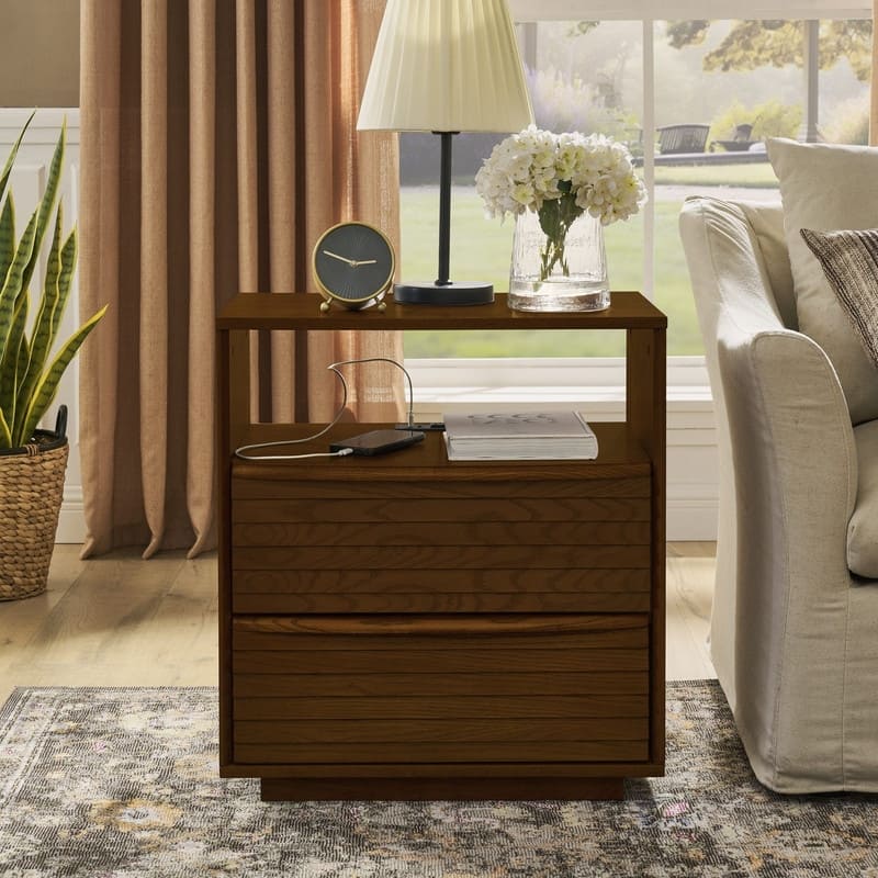 Mid Century Modern Nightstand with Charging Station and Solid Wood Drawers for Versatile Bedroom Use - Walnut