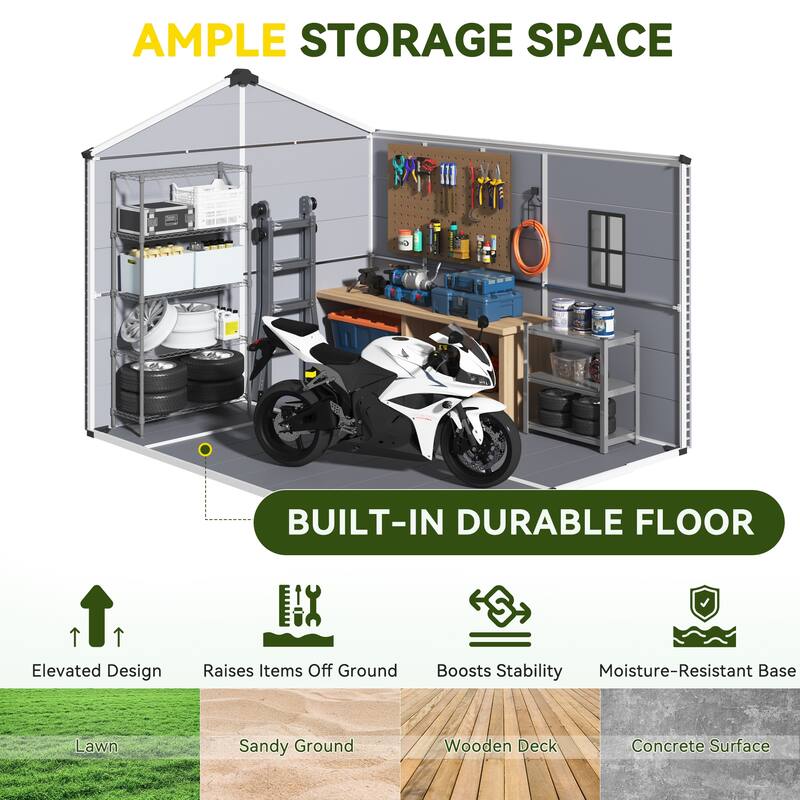 EROMMY Outdoor Storage Shed with Built-In Floor, Lockable Double Doors & Sloped Roof, Gray/Black