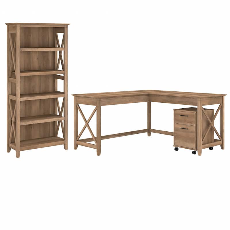 Key West 60W L Desk with File Cabinet and Bookcase by Bush Furniture