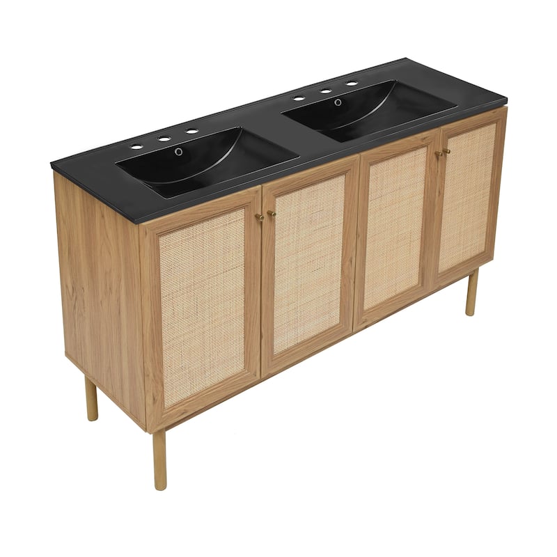 Classe 60 In. Brown Oak, Double Basin Bathroom Vanity With Black, 3-Hole Artificial Stone Sink Top