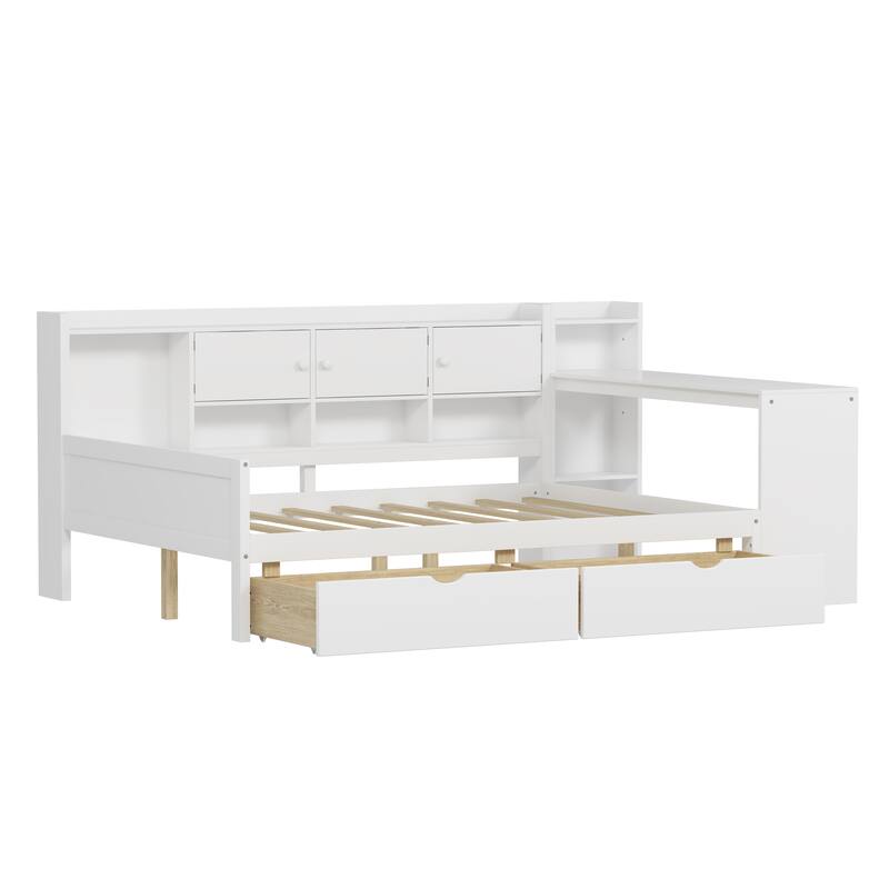 L-Shape Storage Headboard Daybed Sofa Bed, Wooden Panel Bed Frame with Study Desk and 2 Storage Drawers