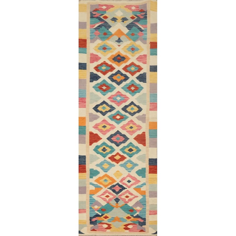 Hand Woven Oriental 100% Wool Carpet Southwestern Geometric Beige & Ivories Kilim Runner Rug - 9' 6'' X 2' 6''