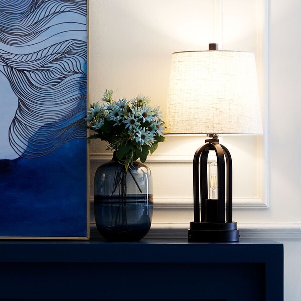 CO-Z Set of 2 Industrial Black Table Lamps USB Port, Linen Shade, LED Edison Bulbs. Opens flyout.