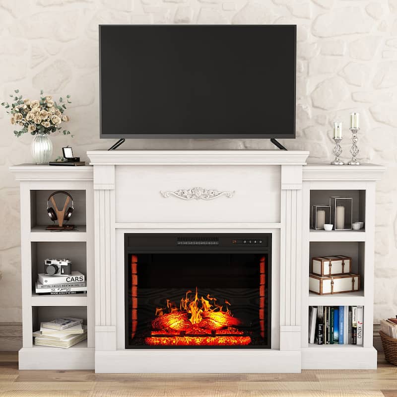 70" Wood Classical Fireplace TV Stand with 28" Electric Fireplace - White
