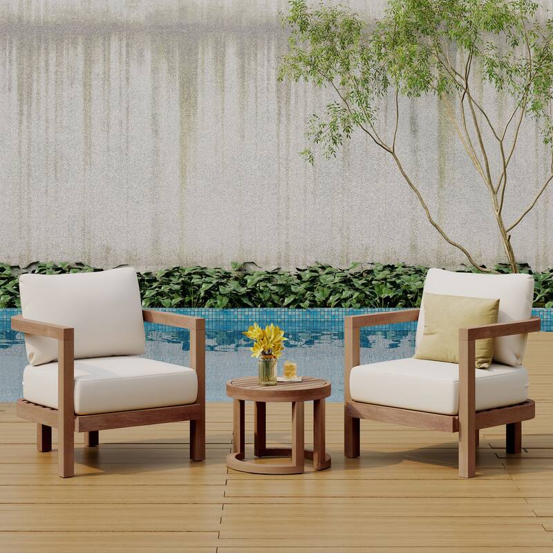 Wichita Outdoor Acacia Wood 3 Piece Chat Set with Cushions by Christopher Knight Home - Brown Wash/ Beige
