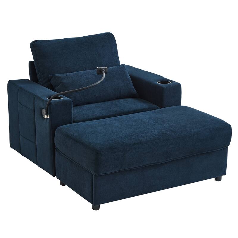 Chaise Lounge Sofa Couch with a Movable Storage Ottoman, Two USB Ports, Two Cup Holders, a Phone Holder，Side Pockets
