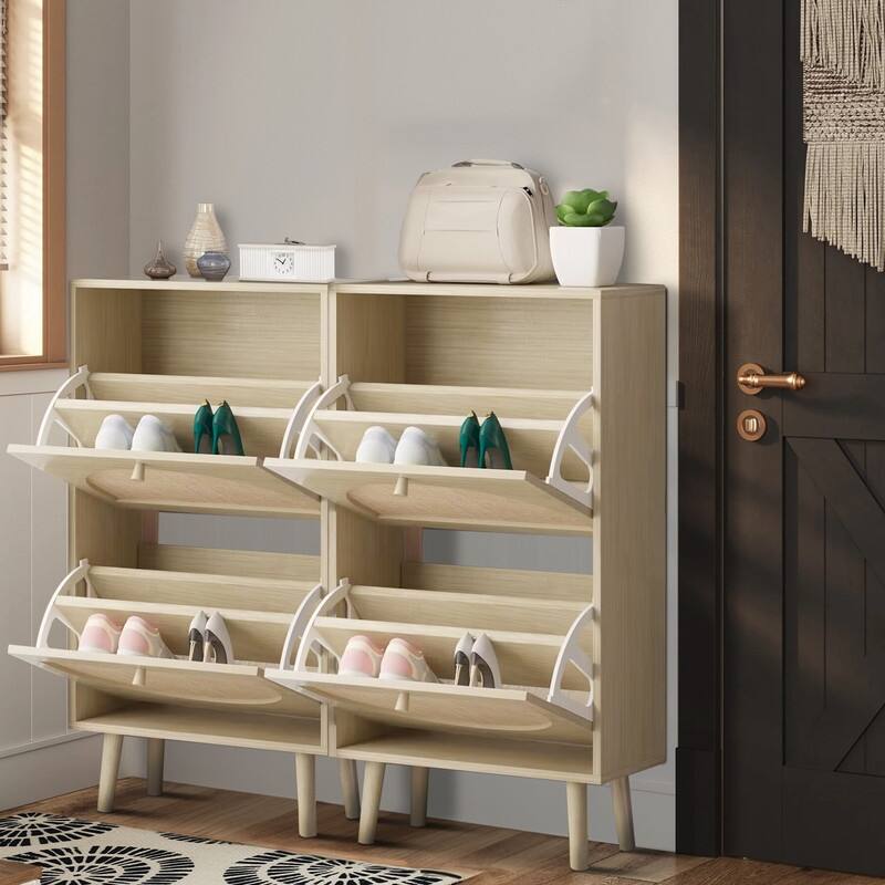 Rattan Shoe Cabinet with 2 / 4 Flip Drawers, Narrow Shoe Storage Cabinet,Organizer for Entryway, Bedroom, Living Room