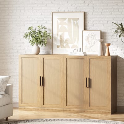 62"LX36"H Solid Wood Kitchen Pantry Sideboard Buffet Cabinet Storage with Rattan Doors