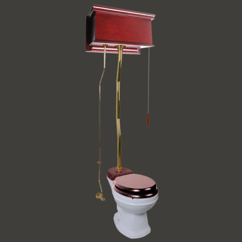 Cherry Wooden High Tank Toilet Flat Tank, Brass PVD Z Pipe and Round White Bowl