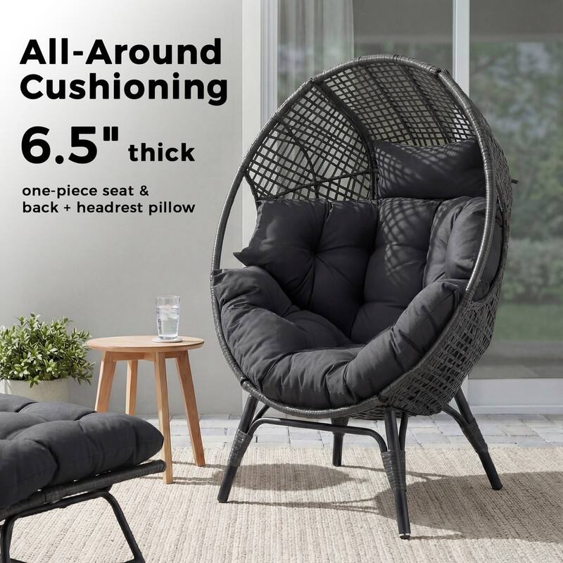 Set of 2 Outdoor Wicker Egg Chairs with Ottomans, 4-Piece Patio Lounge Chair Set, 6.5" Thick Cushions, 440 lbs Capacity