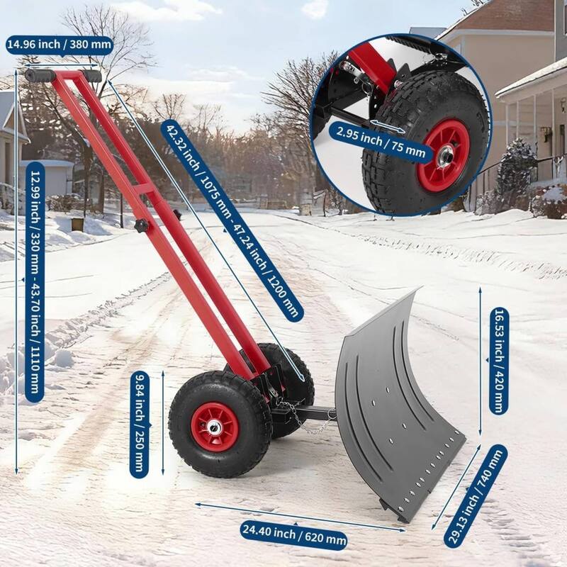29.13x16.54 in Heavy Duty Rolling Snow Pusher Shovel for Driveway, Doorway, Sidewalk