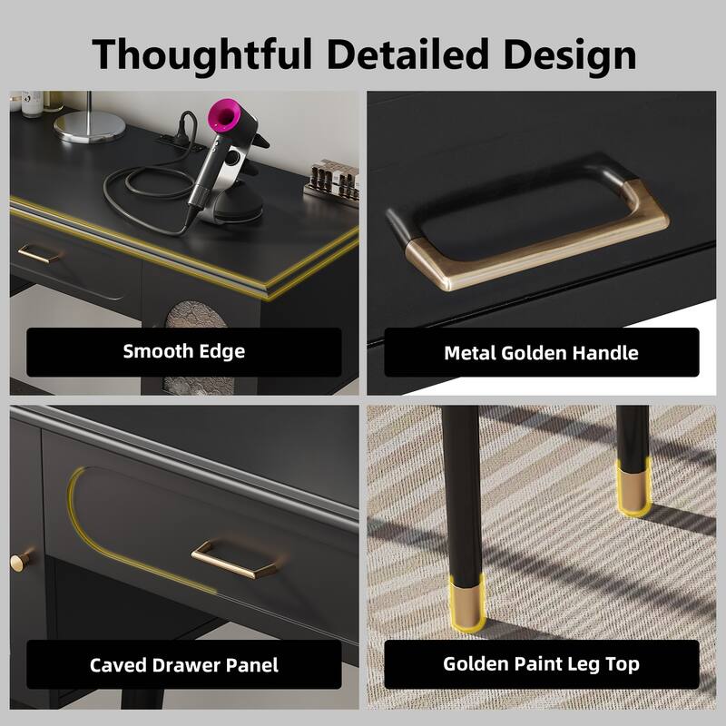 Vanity Makeup Table and Chair Set, Built-in Power Charging Station Dressing Table Writing Desk with Storage Organizer