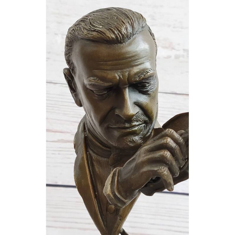 Signed Milo Abstract Man Playing Violin Bronze Bust Sculpture Marble Base Statue
