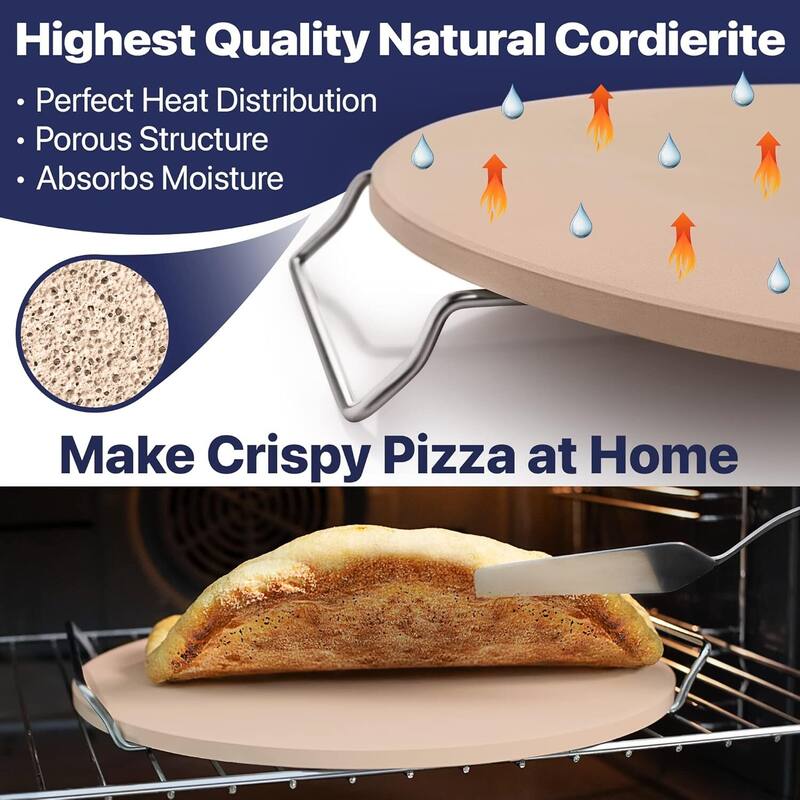 16" Pizza Stone for Oven & Grill with Handles - Natural Cordierite Baking Stone Set with SS Rack & Plastic Scraper