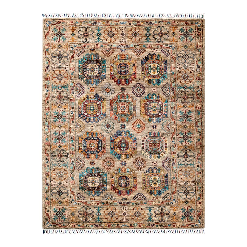 Hand Knotted Bohemian Tribal Wool Beige Area Rug - 5' 2" x 6' 7"