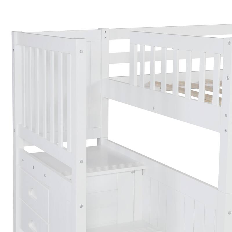 Full Over Full Size Bunk Stairway Bed with Twin Size Trundle and Storage Drawers, Solid Wood Detachable Bunkbed Bedframe
