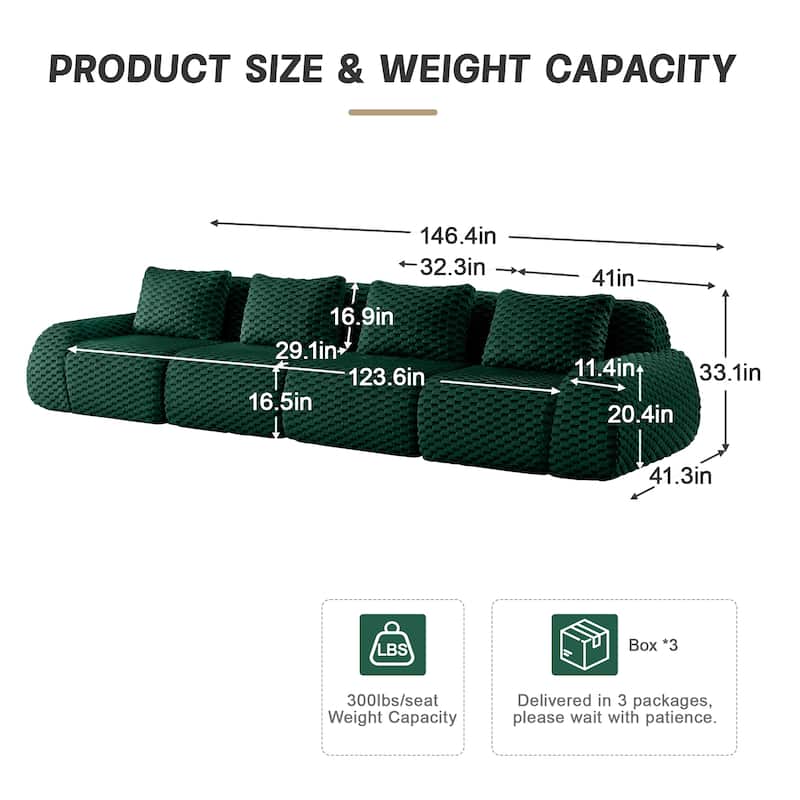 146" Modern Modular Sectional Sofa for Living Room,Oversized 4-Seater Couch,Boneless Sofa,Deep Seat