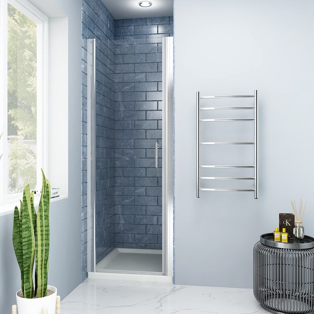 Elegant Adjustable Width Frameless Pivot Shower Screen 28'' W x 72'' H with 1/4" Tempered Glass Shower Door in Chrome Finish