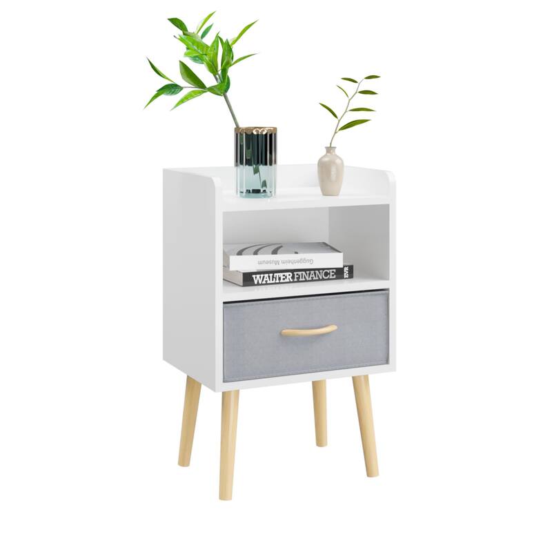 Nightstand With Collapsible Fabric Drawer,2-Tier Storage End Table, Wood Side Table With Storage Cabinet For Kids,Adults