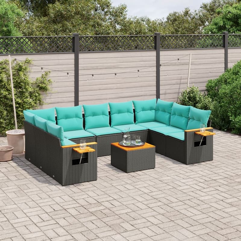 vidaXL 9 Piece Patio Sofa Set with Cushions Black Poly Rattan - 21.7x27.2x24.4-With table