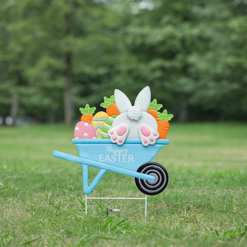 Glitzhome Easter Metal Wheel Barrow Garden Cart Yard Stake Spring Outdoor Decor