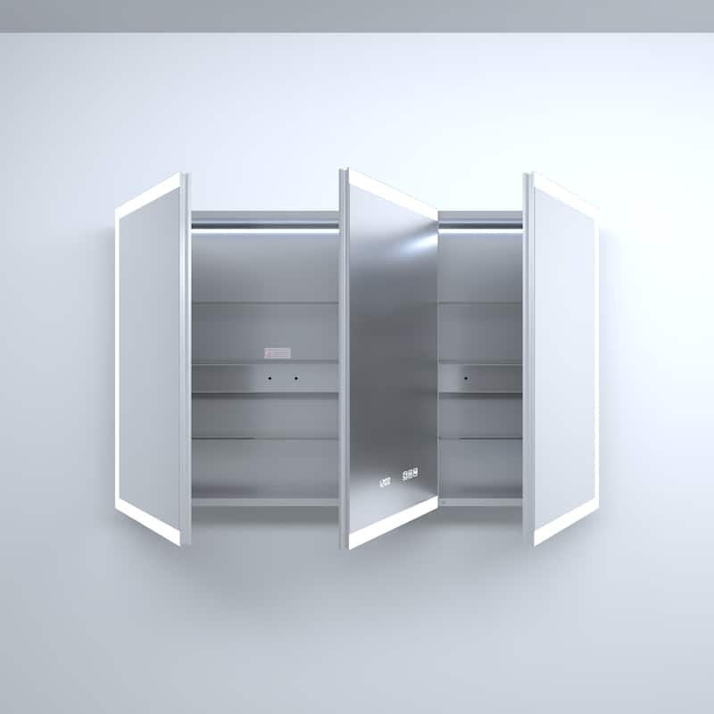 GDFStudio - Delmar Modern Aluminum LED Lighted Medicine Cabinet with Mirror Anti Fog and Digital Clock