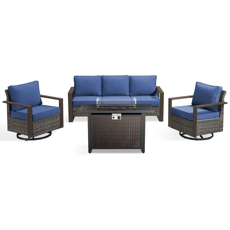 Meyreso Wicker Outdoor Patio Metal Fire Pit Set with Swivel Gliders & 4.5" Olefin Cushions