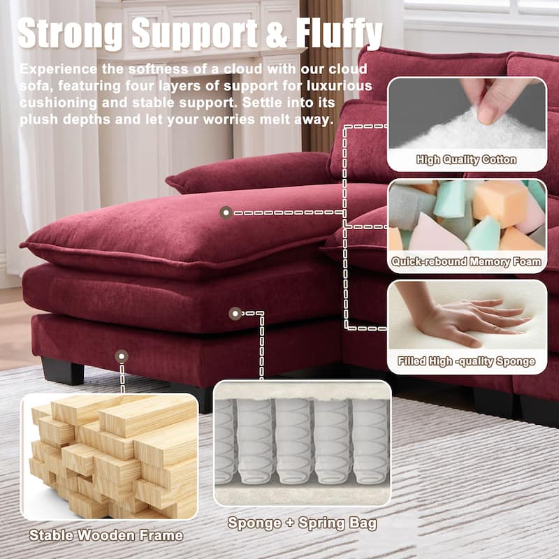 Symmetrical Chenille Upholstered Sectional Sofa U-shaped Cloud Couch with Double Chaise, Side Pockets and Double-layer Cushions