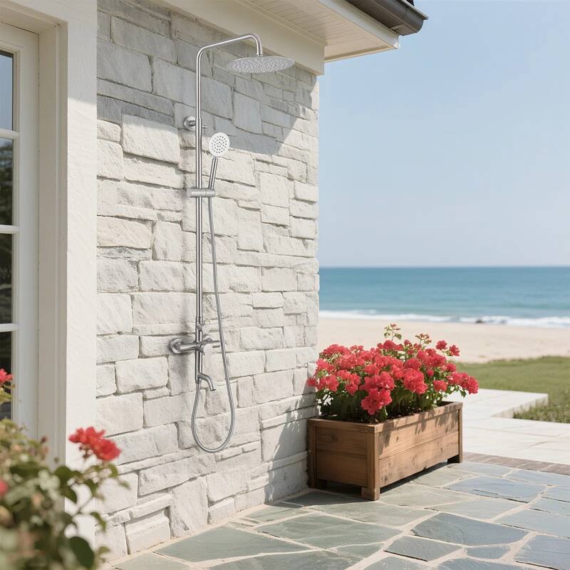 47"H 3-Function 304 Stainless Steel Wall-Mounted Outdoor Shower with Footwash