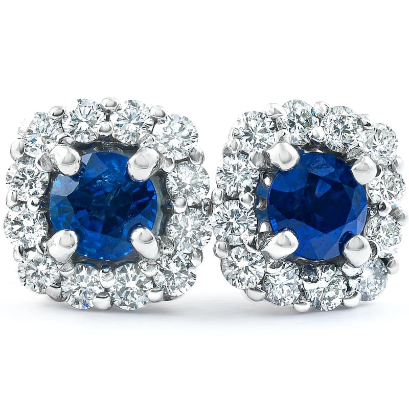 1 3/8 Ct Genuine Blue Sapphire & Diamond Cushion Halo Studs White Gold